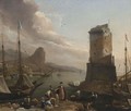A View Of A Mediterranean Port With Ships Moored, Street Vendors On The Quay, And Fishermen Near A Watch Tower - Thomas Wijck