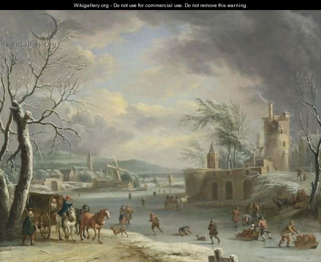 A Winter Landscape With Travellers In A Horse-Drawn Carriage, Figures Skating And Sledding On The Ice, A Fortification In A Village Nearby, And Another Village With Mills And A Church Beyond - Dirk The Elder Dalens