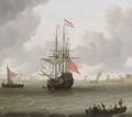 A Man-Of-War In A Stiff Breeze With A Kaag And A Rowing Boat With Figures In The Lower Foreground, A View Of A Quay With A Watermill And A Warehouse In The Distance - Hieronymous Van Diest