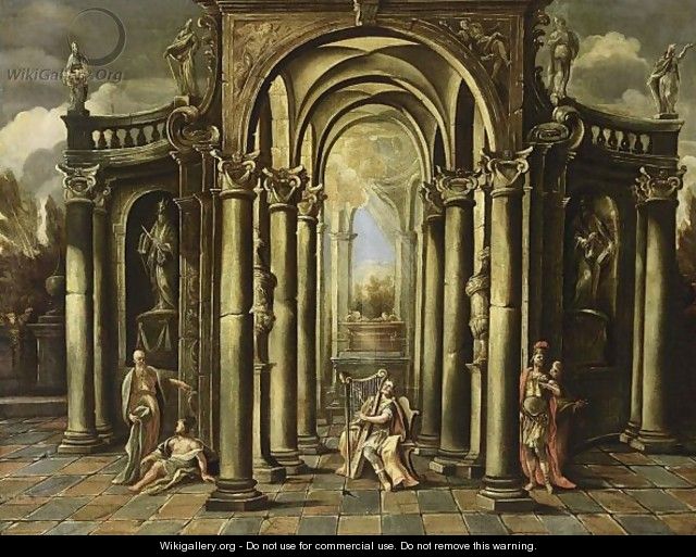 An Architectural Capriccio Of A Classical Building Adorned With Statues And David Playing The Harp Surrounded By Other Figures - (after) Giovanni Ghisolfi