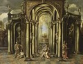An Architectural Capriccio Of A Classical Building Adorned With Statues And David Playing The Harp Surrounded By Other Figures - (after) Giovanni Ghisolfi