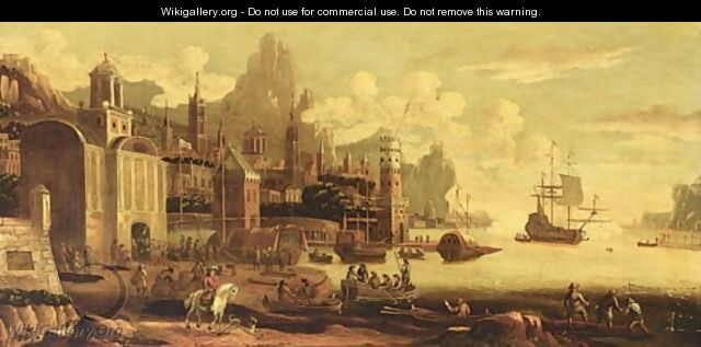 An Extensive View Of A Mediterranean Bay With A Town, Merchantmen Anchored And Fishermen Hauling In Their Catch And The Change Of The Guards - Franco-Flemish School