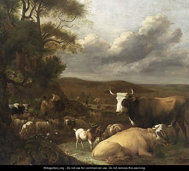 A Landscape With Cows Resting In A Meadow Near Trees - Albert-Jansz. Klomp