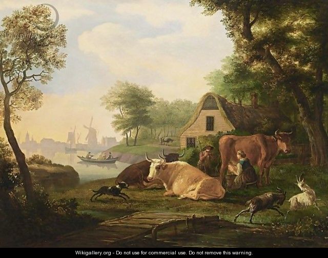 A River Landscape With A Maid Milking A Cow, A Shepherd And Their Herd In Front Of A Farm - Frans Swagers