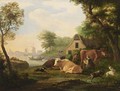 A River Landscape With A Maid Milking A Cow, A Shepherd And Their Herd In Front Of A Farm - Frans Swagers