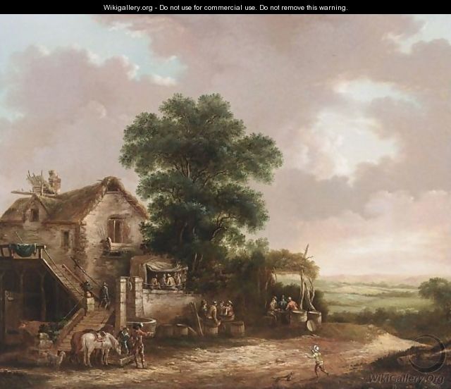 Travellers Resting, Drinking And Eating Outside An Inn With Their Horses - Dutch School