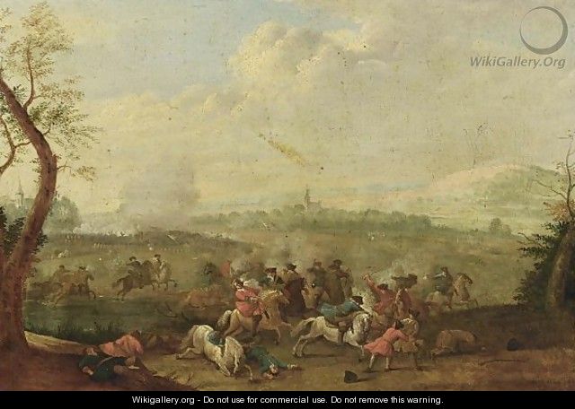 A Cavalry Battle Scene With A Village Beyond - Karel Van Breydel (Le Chevalier)