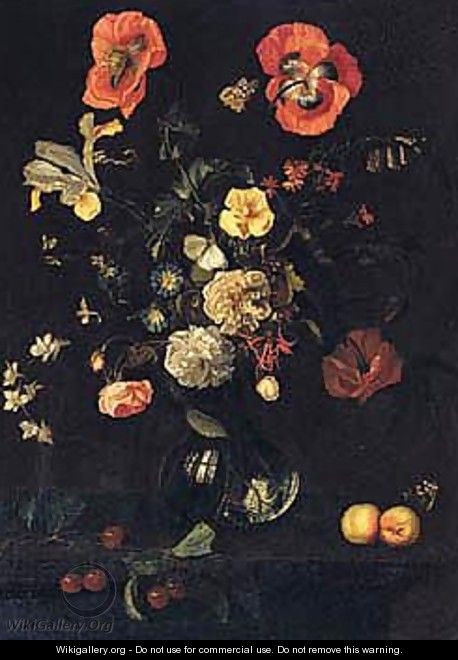 Still Life Of Roses, Poppies, Irises And Other Flowers In A Glass Vase, With Apricots And Cherries On A Ledge - Herman Verelst