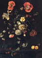 Still Life Of Roses, Poppies, Irises And Other Flowers In A Glass Vase, With Apricots And Cherries On A Ledge - Herman Verelst