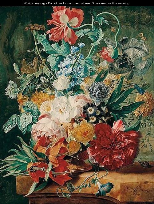 A Still Life Of Spring Flowers Including Roses, Tulips, Narcissi, Peonies, Carnations, Gentians, Fritillaries, Daffodils, Irises, Bluebells And Morning Glory, In A Carved Stone Urn Upon A Marble Ledge In A Garden Setting - Wybrand Hendriks