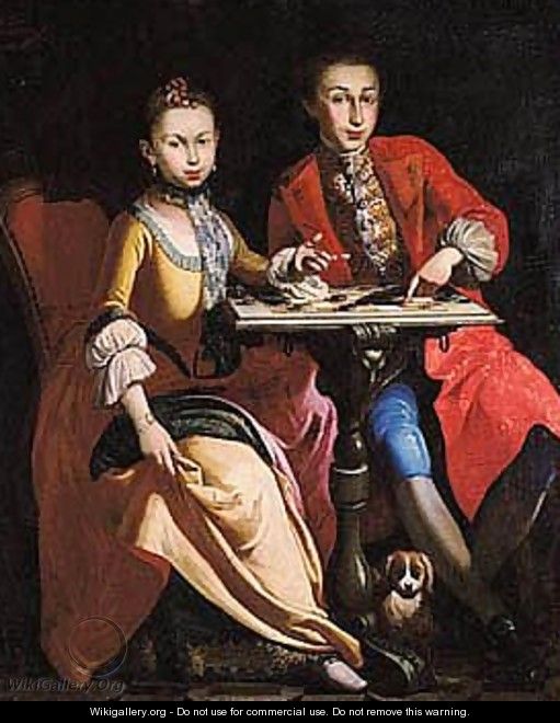 Portrait Of Count Juan Batista De Santana With His Sister Rosana, Both Full Length Seated, Playing Draughts - Neapolitan School