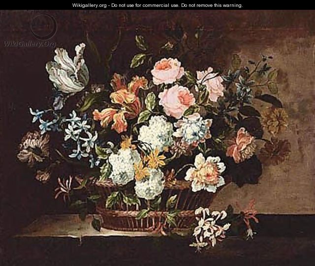 Still Life Of Tulips, Roses, Hyacinths And Other Flowers In A Wicker Basket Set On A Stone Table - (after) Jean-Baptiste Monnoyer