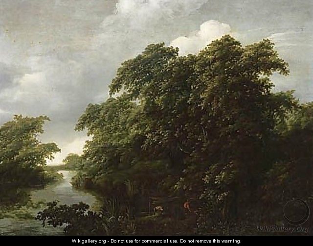 A Wooded River Landscape With Anglers Mooring Their Boats To The Bank - (after) Jan Lagoor