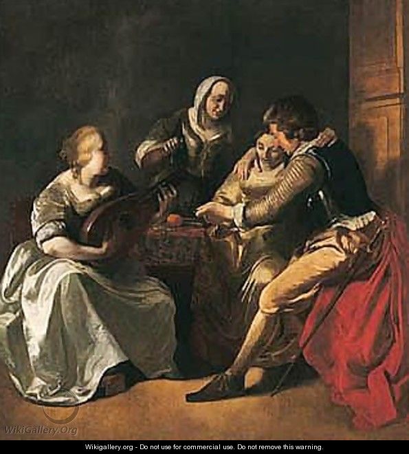 An Interior With A Couple Seated At A Table, Another Lady Playing The Lute And A Man Standing Behind - Jacob Ochtervelt
