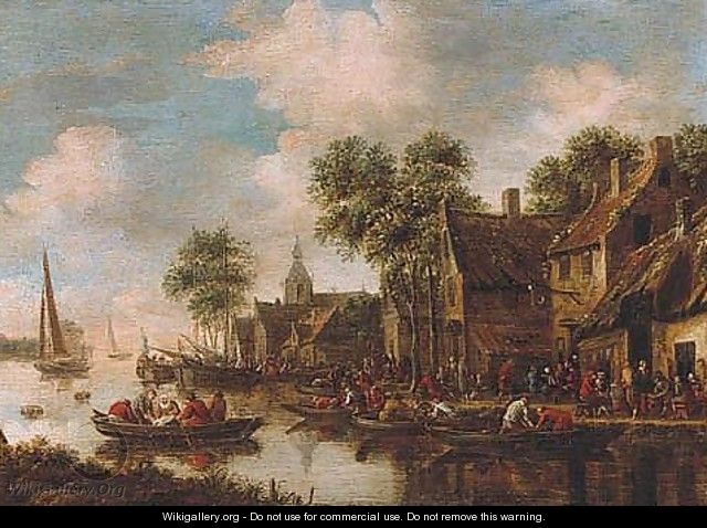 River Scene With Peasants Carousing Before A Tavern - Thomas Heeremans