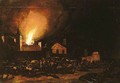 An Inferno In A Town At Night, With Townspeople Fleeing - Pieter Van Der Leeuw