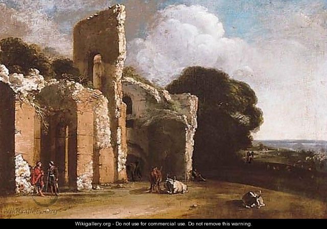 Landscape With Ruins, Peasants And Cattle - (after) Filippo (Il Napoletano) D