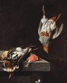 Still Life With A Ruff, Bullfinch, And A Pippit On A Ledge, And A Partridge Hanging From A Nail - Jan Vonck