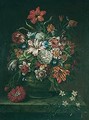Still Life Of Peonies, Variegated Tulips, Irises And Other Flowers, In A Stoneware Vase Resting On A Marble Table-Top - Flemish School
