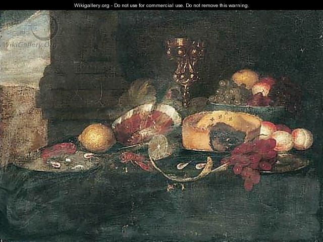 Still Life Of Fruit In A Blue-And-White Porcelain Bowl, Grapes, Peaches, A Pie, Peeled And Whole Lemons On Pewter Plates, Shrimp, A Ham, And An Ormolu Tazza Behind, All Set Upon A Table - (after) Jan Davidsz. De Heem