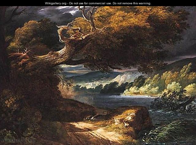 A Stormy Landscape With A Fallen Oak Beside A River, A Town Beyond - (after) Pierre-Henri De Valenciennes