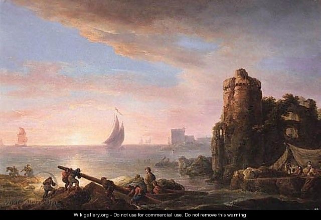 Coastal Landscape At Sunset With Fishermen, Ruins Beyond - (after) Loutherbourg, Philippe de