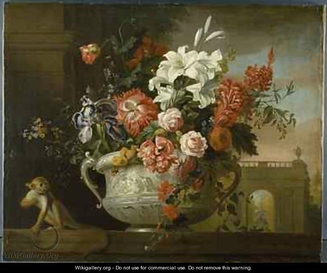 Still life with flowers in an urn, with a monkey, on a ledge - (after) Boggi, Giovanni