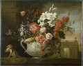 Still life with flowers in an urn, with a monkey, on a ledge - (after) Boggi, Giovanni