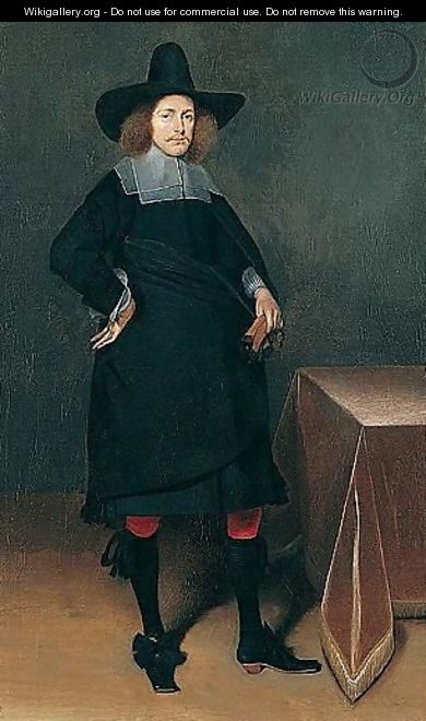 A Portrait Of A Gentleman, Standing Full-Length, Wearing A Black Suit And Hat With White Collar And Cuffs And Holding Gloves, Near A Draped Table - Gerard Terborch