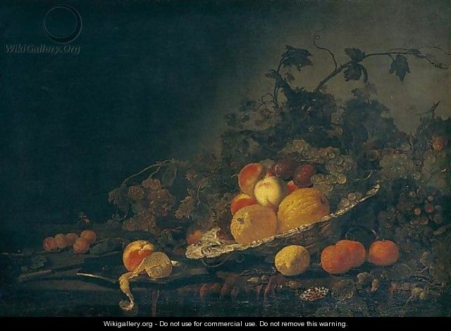 Still Life Of Quinces, Plums, Peaches And Grapes In A Silver Salver, Together With A Peach And A Peeled Lemon On A Silver Plate, A Knife, Grapes, Oranges, Lemons And Apricots On A Table Partly Draped With A Red Cloth - Abraham Van Calraet