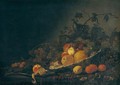 Still Life Of Quinces, Plums, Peaches And Grapes In A Silver Salver, Together With A Peach And A Peeled Lemon On A Silver Plate, A Knife, Grapes, Oranges, Lemons And Apricots On A Table Partly Draped With A Red Cloth - Abraham Van Calraet