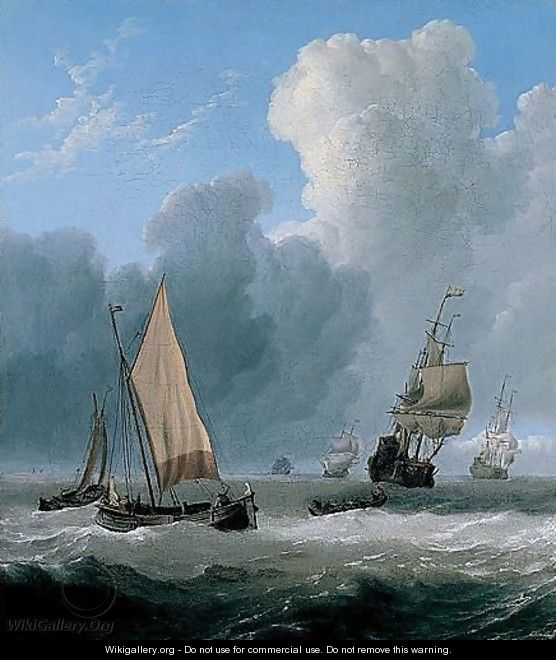 Dutch Coastal Vessels With A Rowing Boat On The Open Sea With A Squadron Of Men Of War Beyond - Willem van de, the Elder Velde