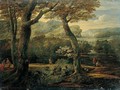 A Wooded River Landscape With Two Men Fishing, A Traveller, And Two Figures Conversing - Eglon van der Neer