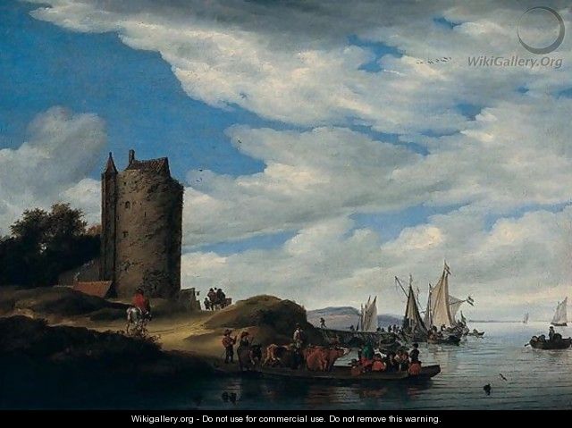A River Landscape With A Ferryboat And Other Shipping, Travellers On A Path By A Tower - Salomon van Ruysdael