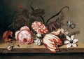 A Still Life Of A Rose, Tulip, Marigold, Columbine And Anemone, With Caterpillars And Flies On A Table Top - Ambrosius The Younger Bosschaert