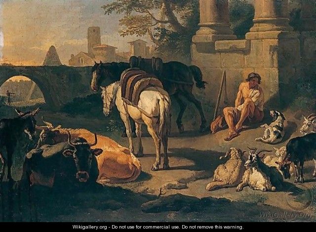 A Drover And Pack-Animals Resting Among Roman Ruins - Pieter van Bloemen