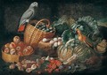 Still Life With Parrots, Pumpkins, Tomatoes, Figs, Peaches And Plums In Baskets - Jacob van der (Giacomo da Castello) Kerckhoven