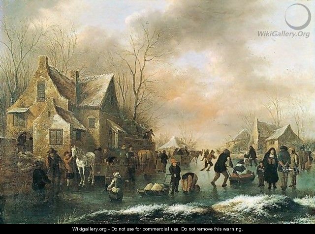 Winter Landscape With Numerous Figures Upon A Frozen Canal In A Village - Claes Molenaar (see Molenaer)