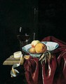 Still Life Of Oranges And A Peach In A Blue And White Porcelain Bowl, Together With A Peeled Lemon, A Roemer And A Venetian Wine Glass, Upon A Table Top Partly Draped With A Purple Cloth - Claes Bergoijs