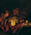 A Still Life Of Grapes And Walnuts With A Parrot On A Marble Ledge, Draped With A Fringed Cloth - Pieter Gerritsz. van Roestraeten