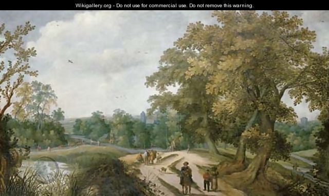 Peasants and travelers on a path, a village beyond - Willem Van Den Bundel