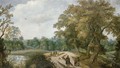 Peasants and travelers on a path, a village beyond - Willem Van Den Bundel