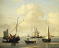 A kaag, a weyschuit and two rowing-boats off a sandbank in a calm, two men-o'-war and other shipping beyond - Willem van de, the Younger Velde