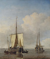A hoeker and a fishing buss at anchor in a calm - Willem van de, the Younger Velde