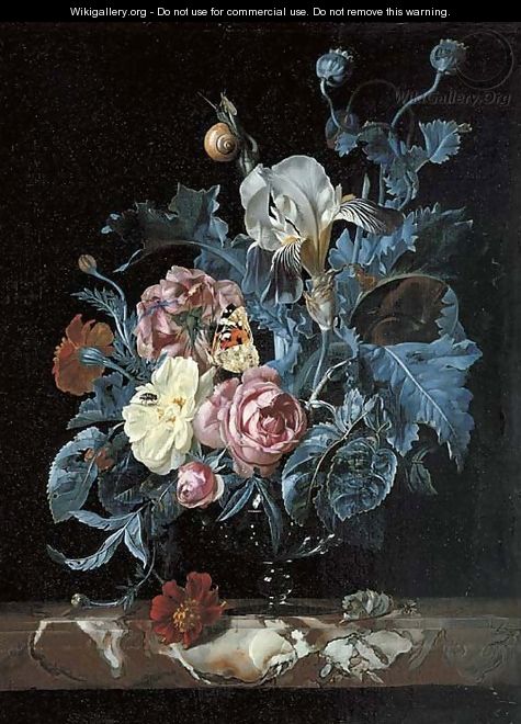 Roses, irises, poppies and other flowers in a glass vase - Willem Van Aelst