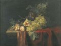 Grapes, plums, figs and a melon, on a partly draped stone ledge - Willem Van Aelst