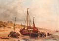 Numerous fisherfolk and a fishing fleet near Paviljoen von Wied, Scheveningen in the distance - Willem Troost