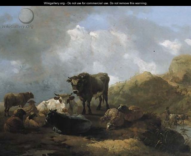 Cattle and sheep in a meadow in an Italianate mountainous landscape - Willem Romeyn