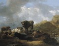 Cattle and sheep in a meadow in an Italianate mountainous landscape - Willem Romeyn