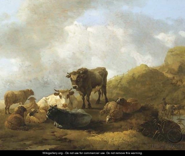 An Italianate mountainous landscape with cattle and sheep in the foreground - Willem Romeyn